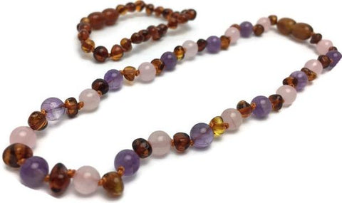 12.5 or 11 inch Baltic Amber Necklace Rainbow Dark Amber Pink Rose Qua