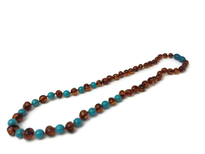 Polished Cognac Turquoise 17 Inch Baltic Amber Necklace For Big Kid, Child, Or Adult